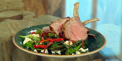 Rack of lamb with purple sprouting broccoli, chilli and anchovy