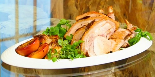 Roast pork with watercress, sweet and sour apples and chicory