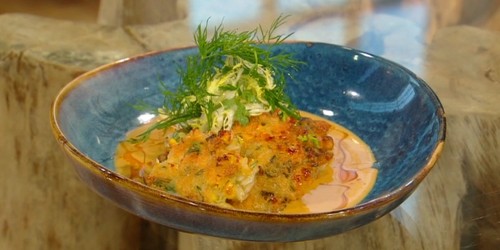Crab and sweetcorn fritters with crab sauce