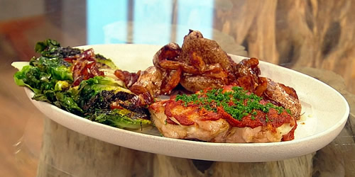 Piri-piri poussin with confit potatoes and charred salad Piri-piri poussin with confit potatoes and charred salad