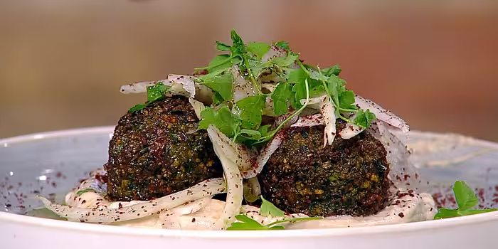 Plain and laverbread falafel with sumac fennel and lemon tahini