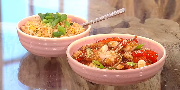 Sticky garlic and chilli chicken with egg fried rice