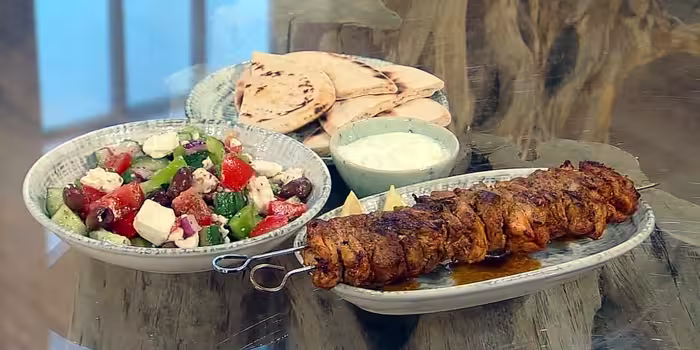 Greek salad and chicken souvlaki