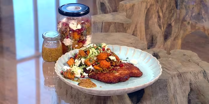 Zesty pork schnitzel with roasted sweet potato, sprout and walnut salad jars