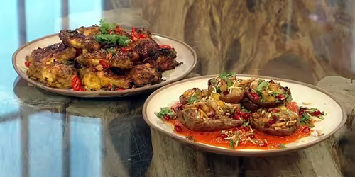Indian-spiced-chicken-wings-and-bhel-puri-potato-skins.avif