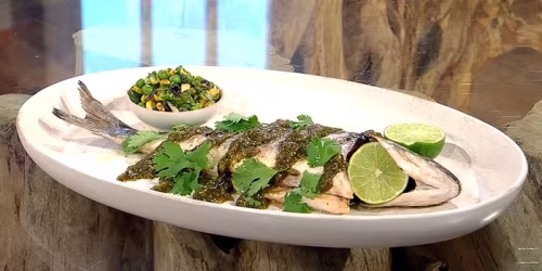 Whole-roast-sea-bream-with-coriander-sauce-and-charred-sweetcorn-succotash.avif